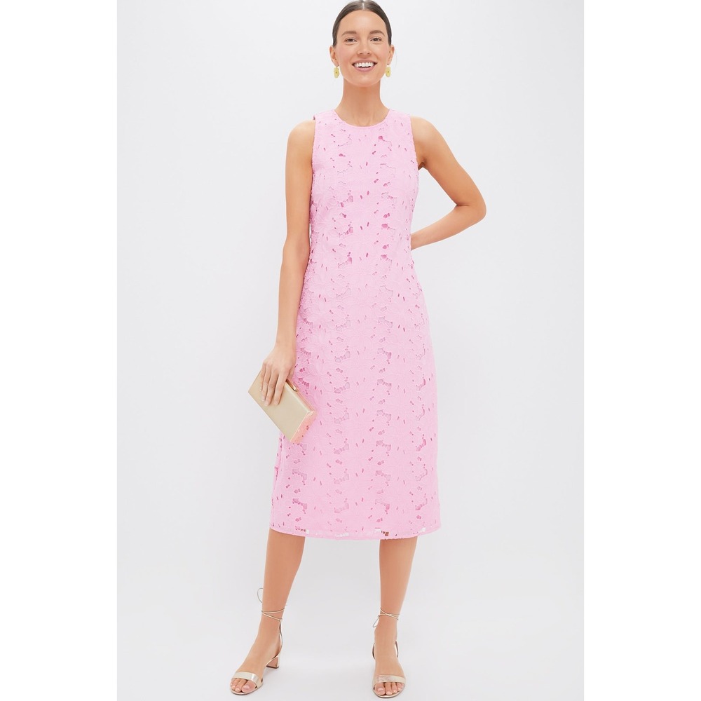 Hyacinth House Floral Eyelet Sleeveless Midi Dress Pink Lace Overlay‎ Large NEW